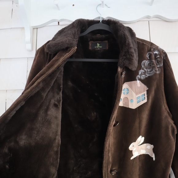 Hand Painted Vintage Suede Jacket With Faux Fur Inside Bunnies Rabbits M - Picture 9 of 15